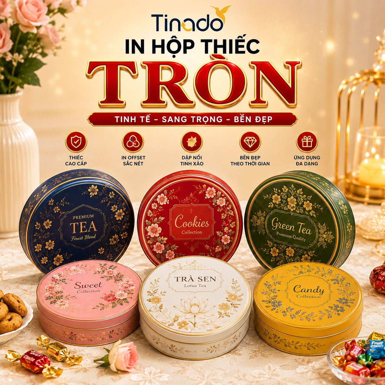 Mẫu hộp thiếc tròn cho bánh kẹo và quà tặng