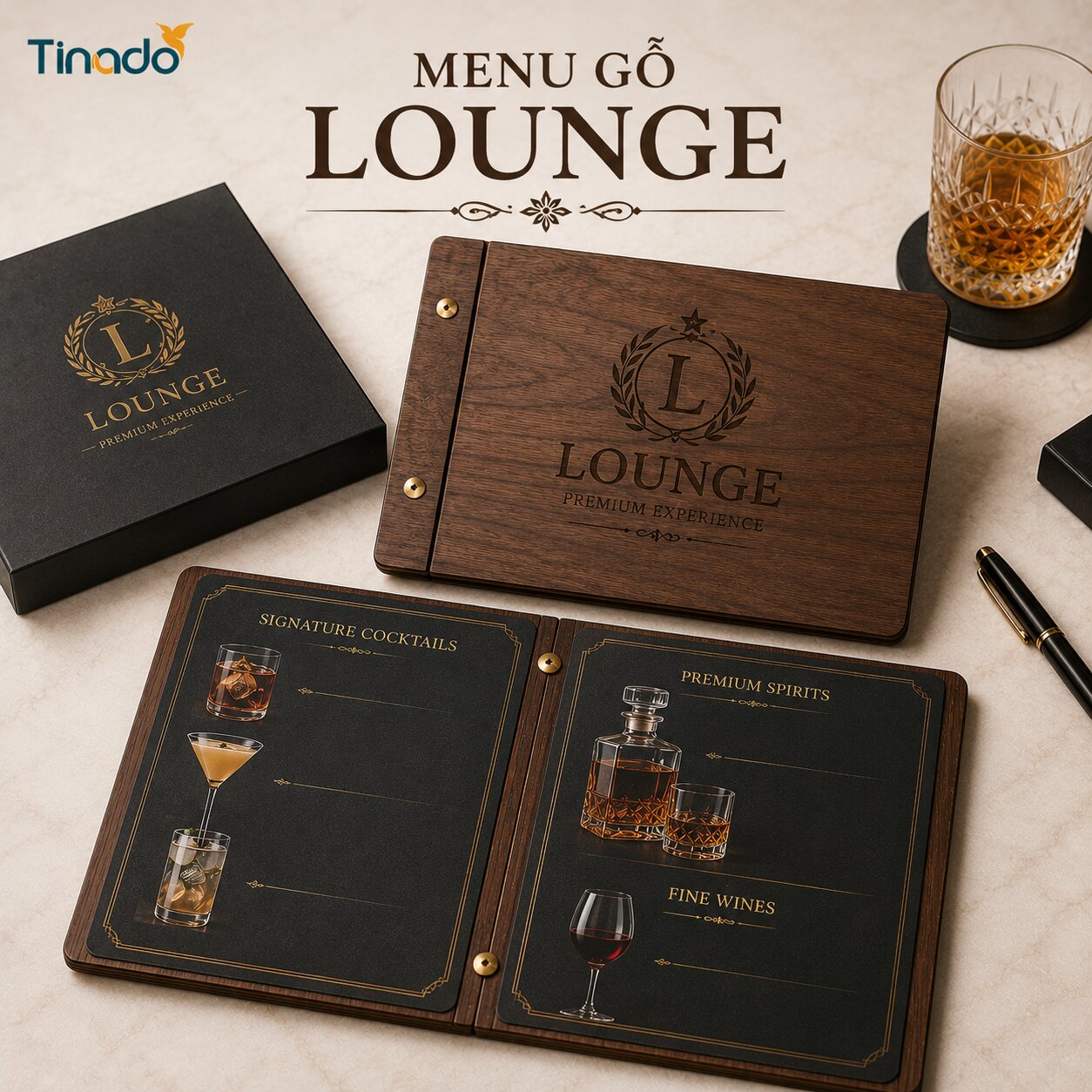 Mẫu in menu gỗ lounge bền đẹp